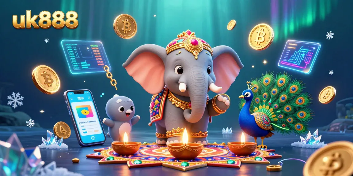 Engage with the vibrant uk888 casino world featuring 3D elephant, bitcoin coins, and festive decorations.