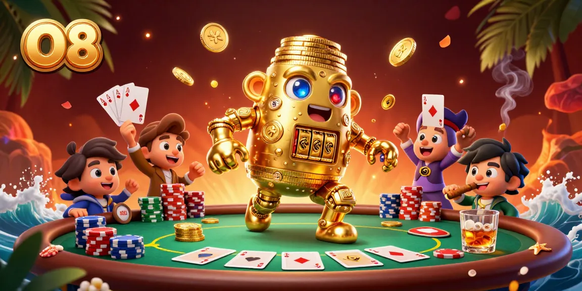 Experience O8's thrilling poker action with a golden golem and colorful chips.