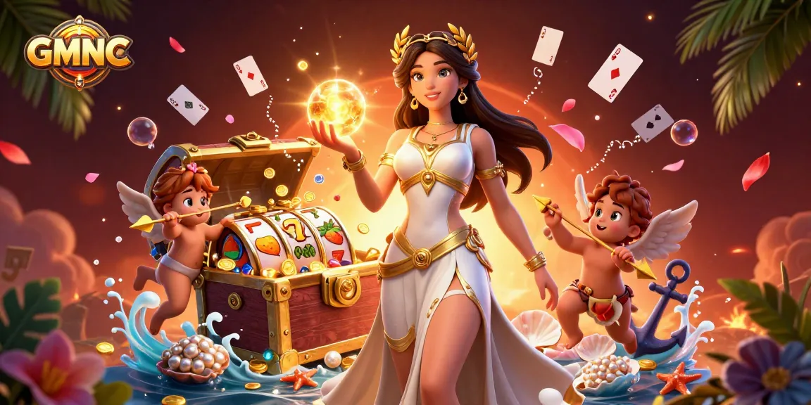 Experience thrilling moments at GMNC casino with stunning 3D illustration of a goddess amid gold and games.