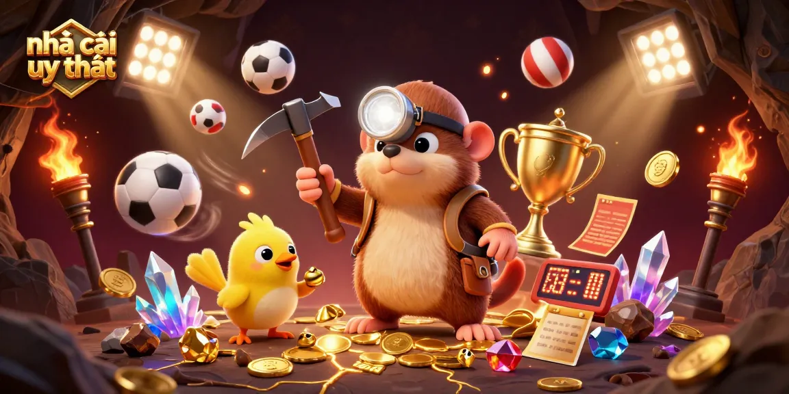 Bet on nhà cái uy tín with a treasure hunter and sports excitement in 3D digital scene.