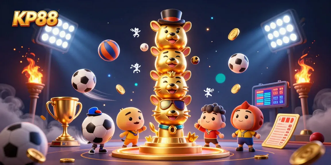 KP88 features a vibrant gambling scene with a dynamic totem pole, sports elements, and exciting game atmosphere.