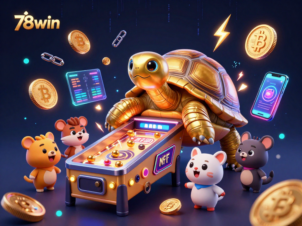 Engage with excitement at 78win, featuring a colossal golden tortoise pinball machine surrounded by crypto elements.