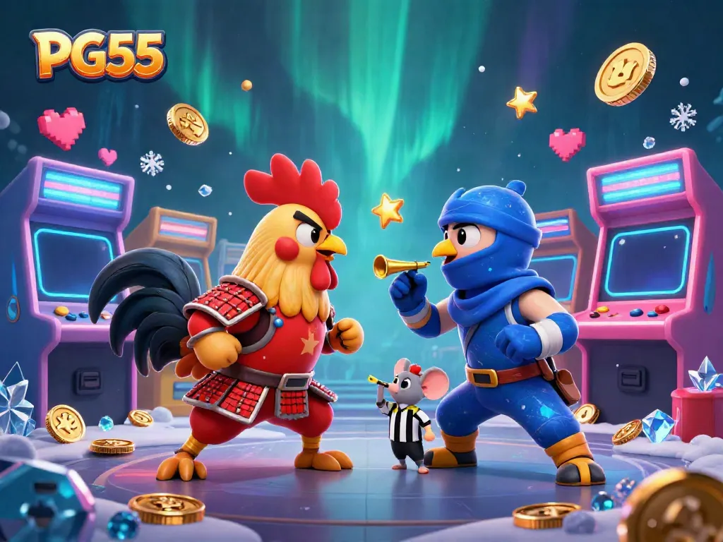 Engage in thrilling gameplay at PG55 Casino with dynamic fighting roosters and vibrant game elements.
