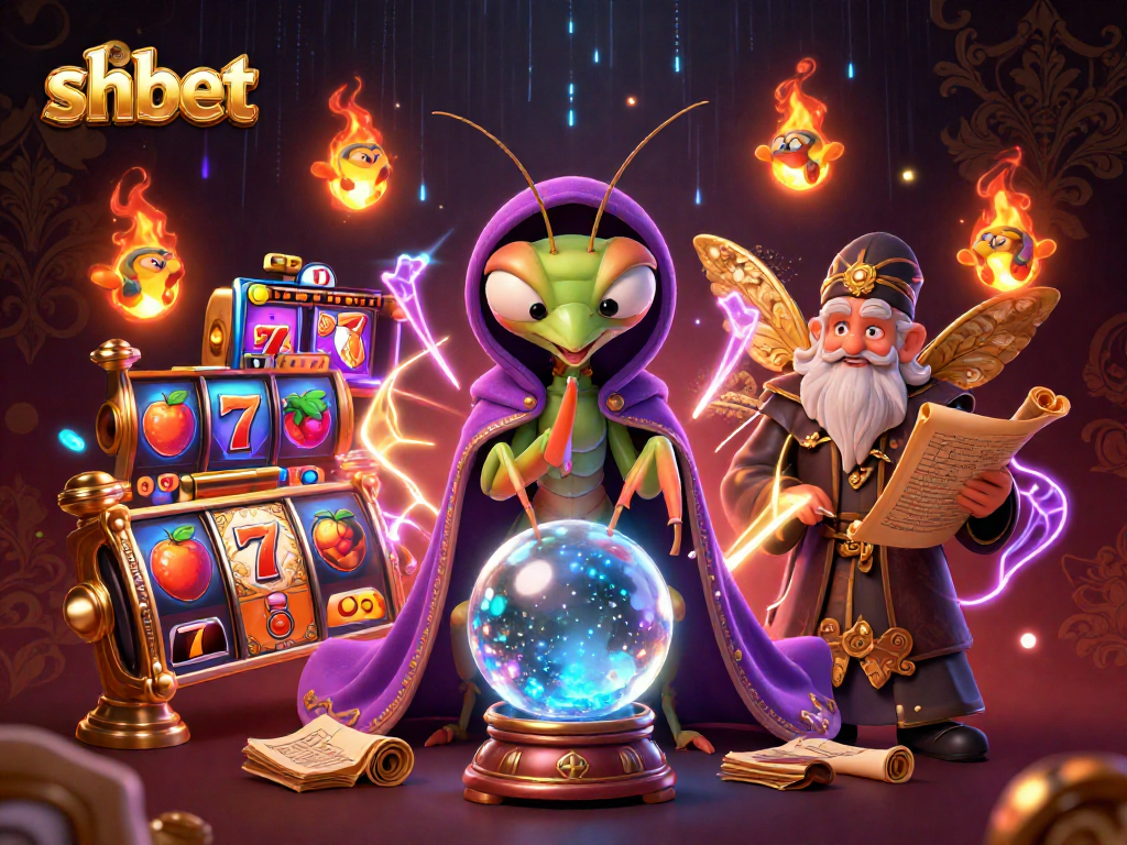 Engage in thrilling games at shbet with vibrant slot reels and mystical fortune teller characters.