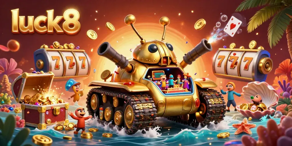 Experience the thrill of luck8 with a vibrant 3D casino scene featuring immersive gaming elements and a golden beetle tank.