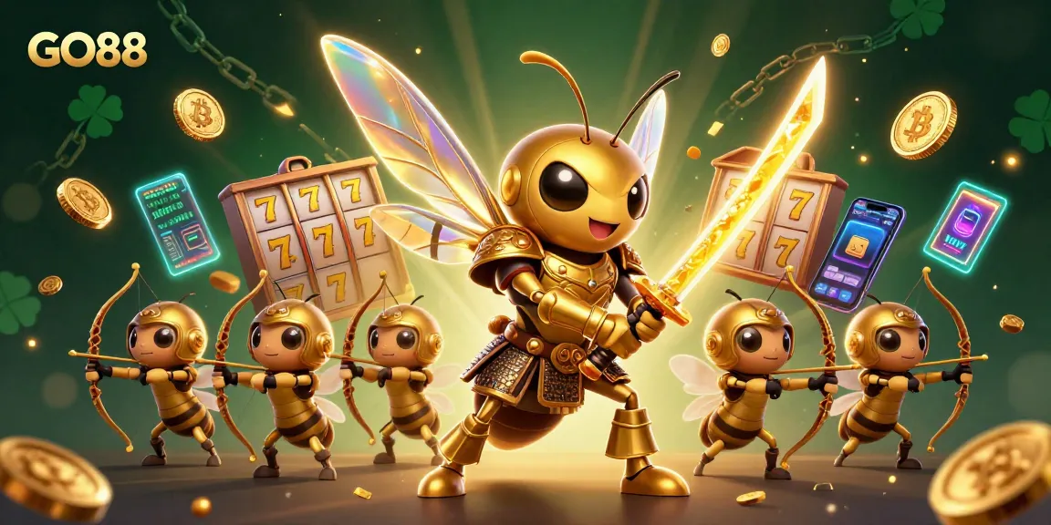 Engage with GO88's thrilling gaming adventures featuring an exciting scene of slot games, golden coins, and dynamic characters.