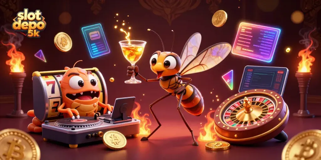 Experience the excitement of slot depo 5k with vibrant 3D cartoon characters in a casino setting.