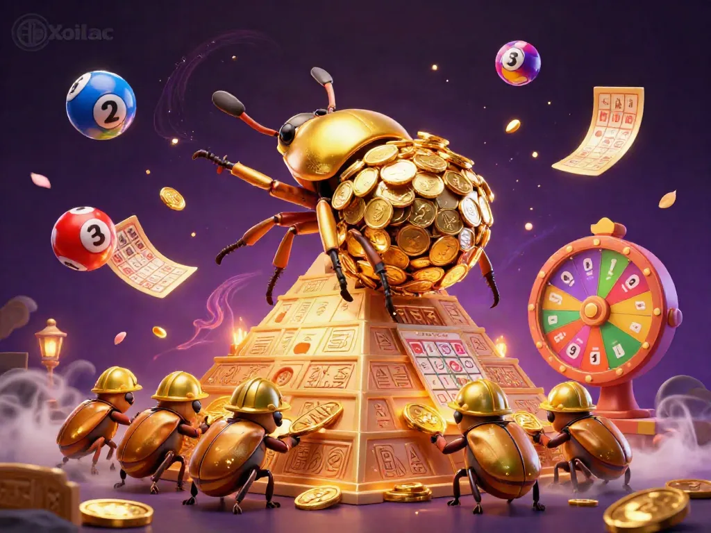 Xoilac showcases a golden dung beetle rolling coins, surrounded by lively lottery elements in an engaging casino scene.