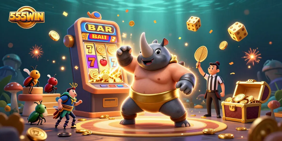 Join the excitement at 555WIN as the rhinoceros beetle sumo champion celebrates with a jackpot!