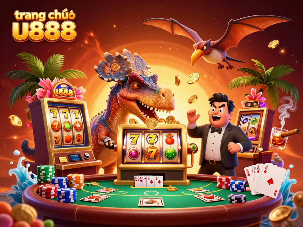 Engaging scene on trang chủ u888 with a dinosaur, casino manager, and flying gold coins from a jackpot.