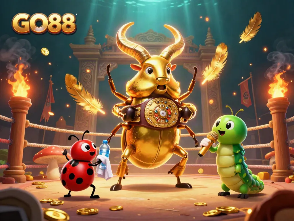 GO88 participants engage in a vibrant cockfighting event featuring animated golden beetles and ladybug corner-men.