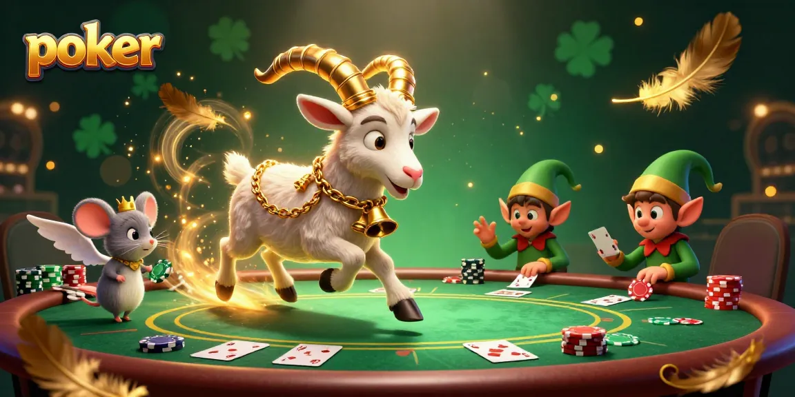 Poker scene with Krampus goat managing games while elf gremlins steal chips and a mouse restores order.