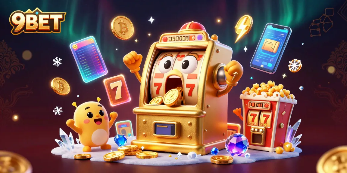 Experience winning excitement at 9BET with golden slot machines celebrating jackpots amidst cryptocurrencies.