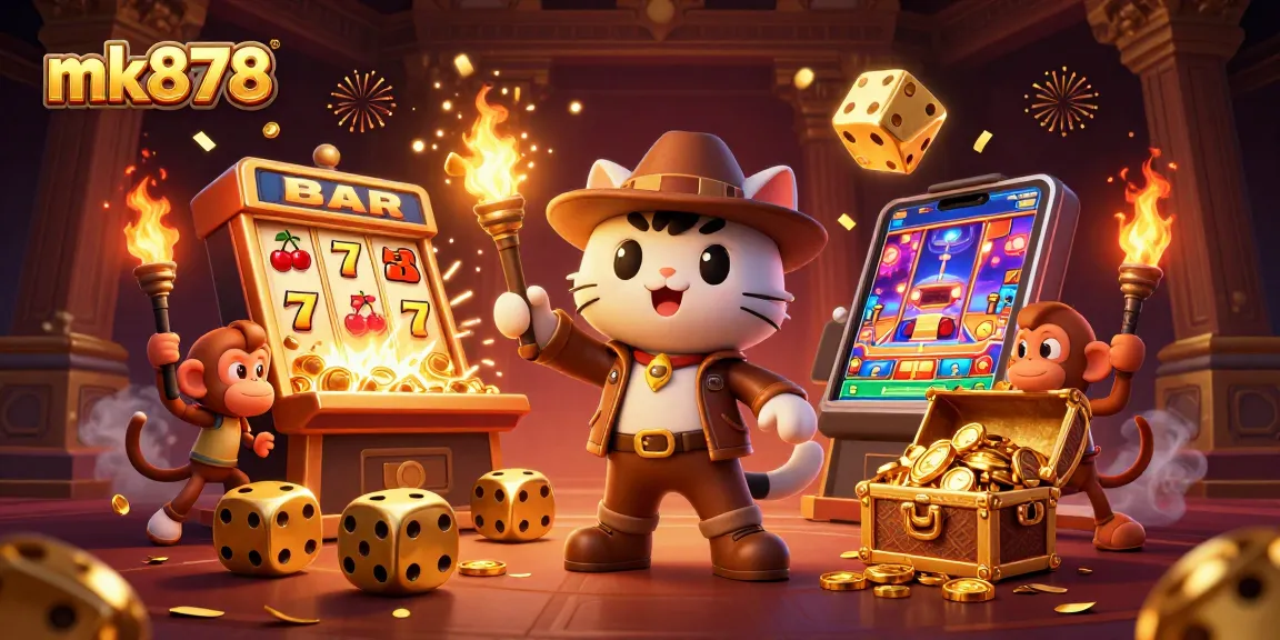 Experience the thrill at mk878 with a cartoon explorer and monkey companion amidst a jackpot explosion!