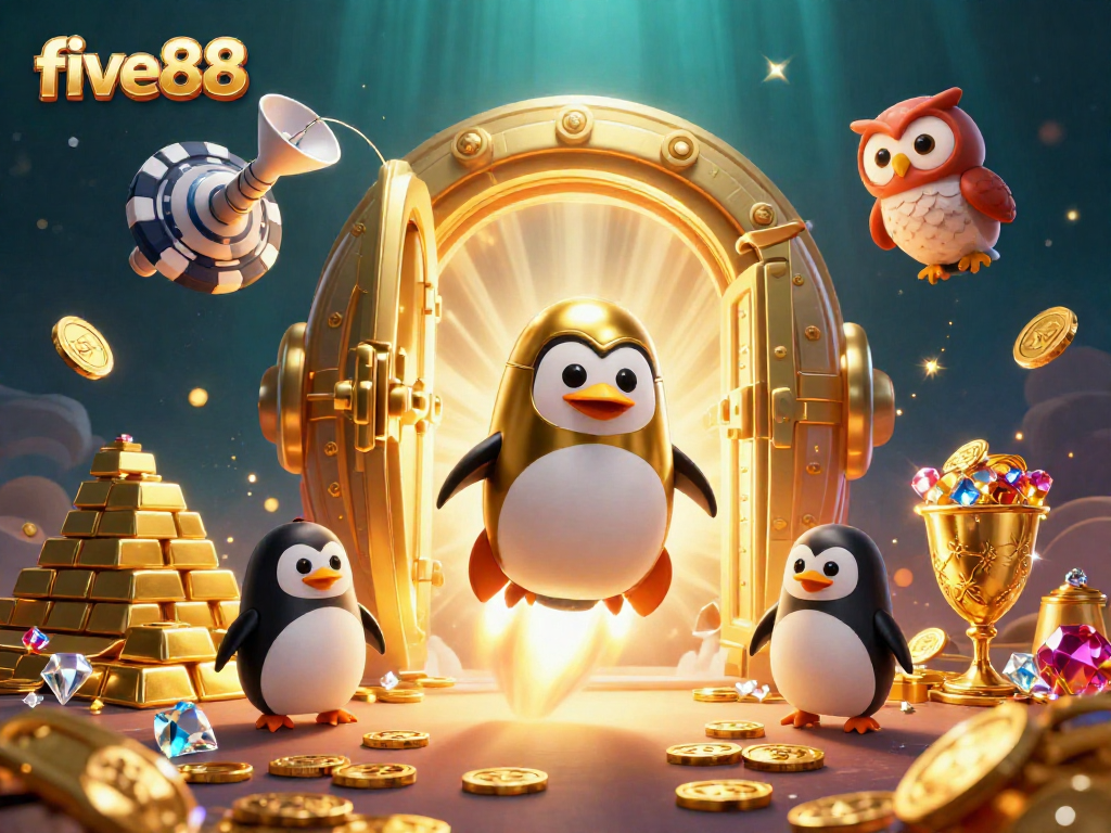 Experience the thrill of five88 with a golden penguin soaring towards a vibrant casino, showered in riches.