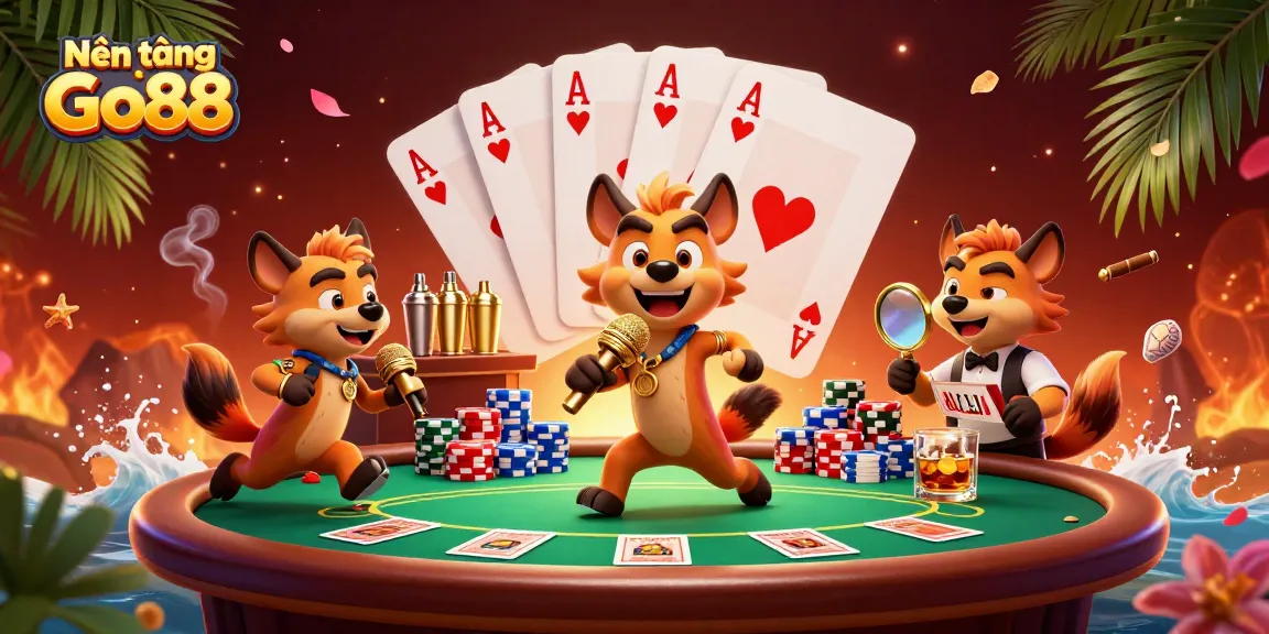 Engage with the Nền tảng Go88 in vibrant casino action featuring cartoon hyenas at a comedy club.