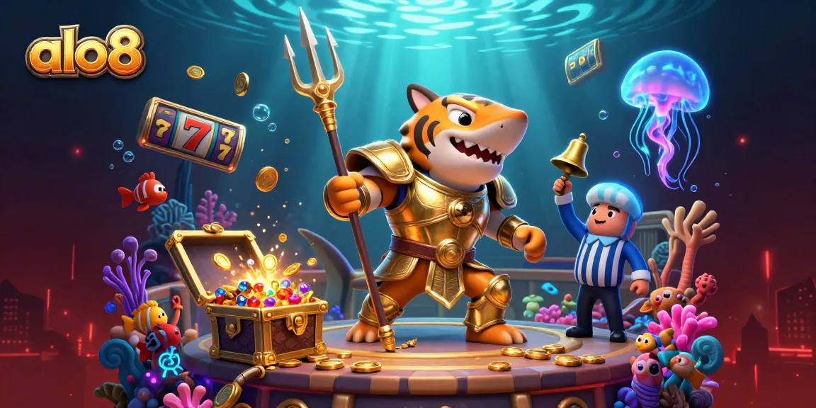 Play exciting slot games at alo8 with a dynamic underwater casino scene featuring a tiger shark in armor.