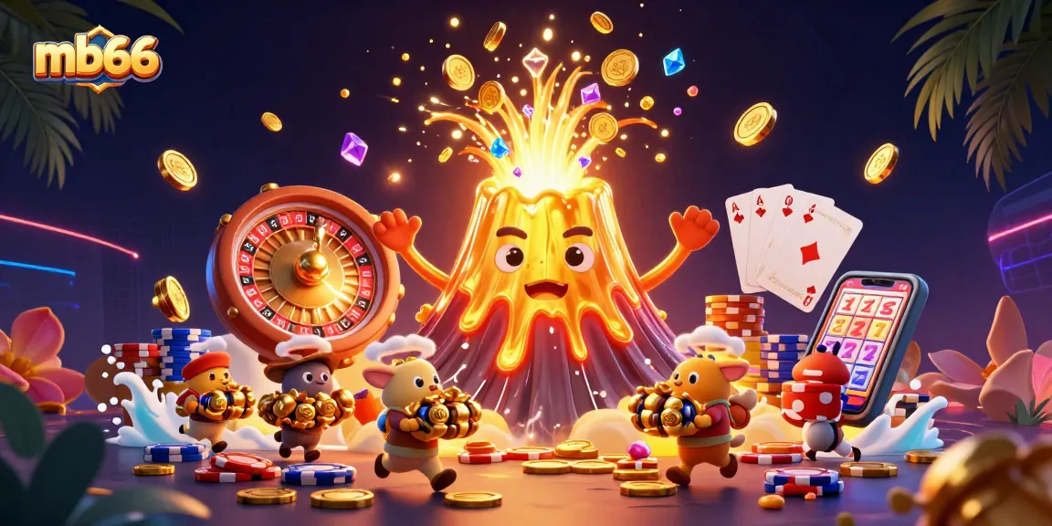 Experience thrilling wins at mb66 with a vibrant 3D casino scene featuring triumphant volcano and treasure.