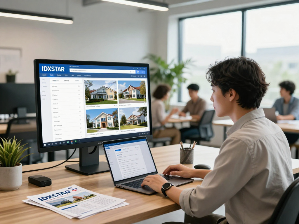 Real estate agent using IDXSTAR technology to present property listings in a modern office.