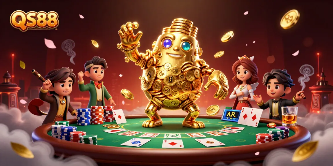 QS88 online casino features a golden golem, poker elements, and dynamic game atmosphere.