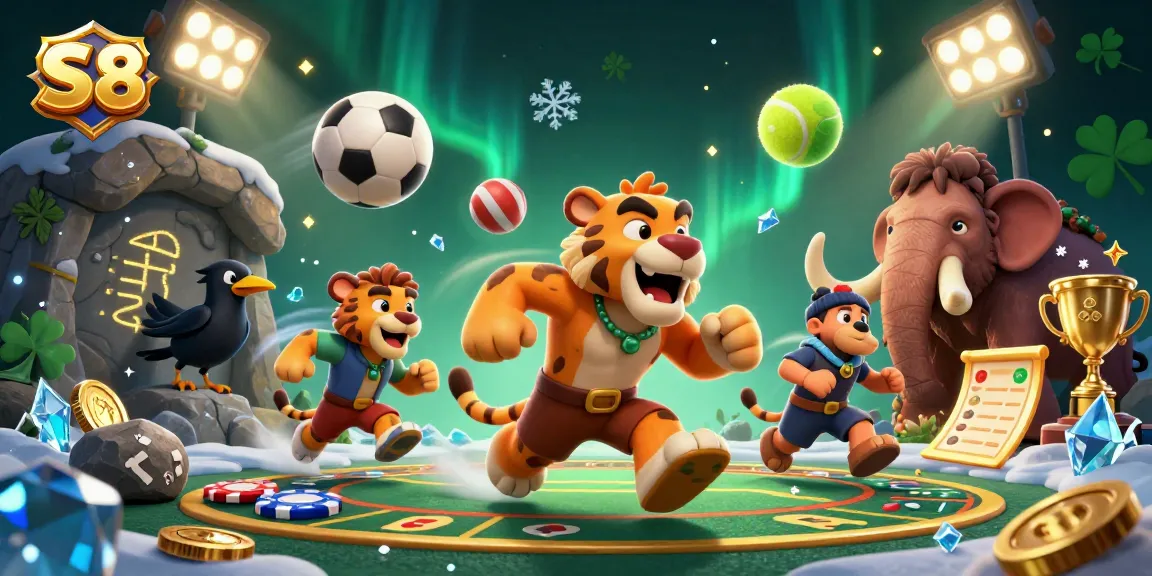 S8 engages viewers with animated sports balls in a lively prehistoric casino scene.