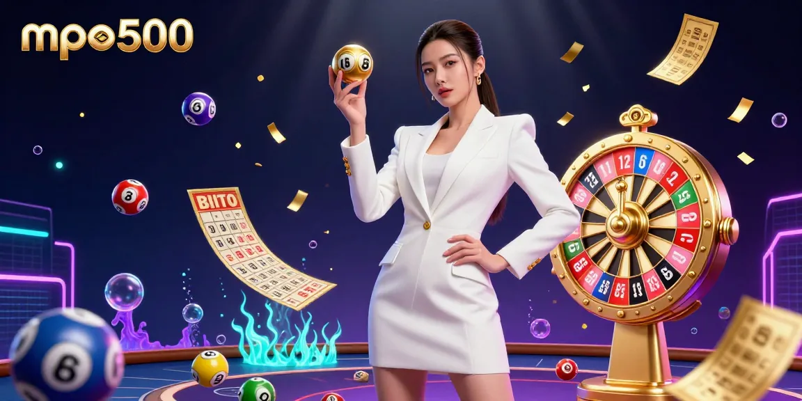Engage in the excitement of mpo500 with a dynamic scene showcasing thrilling casino elements and a confident player.