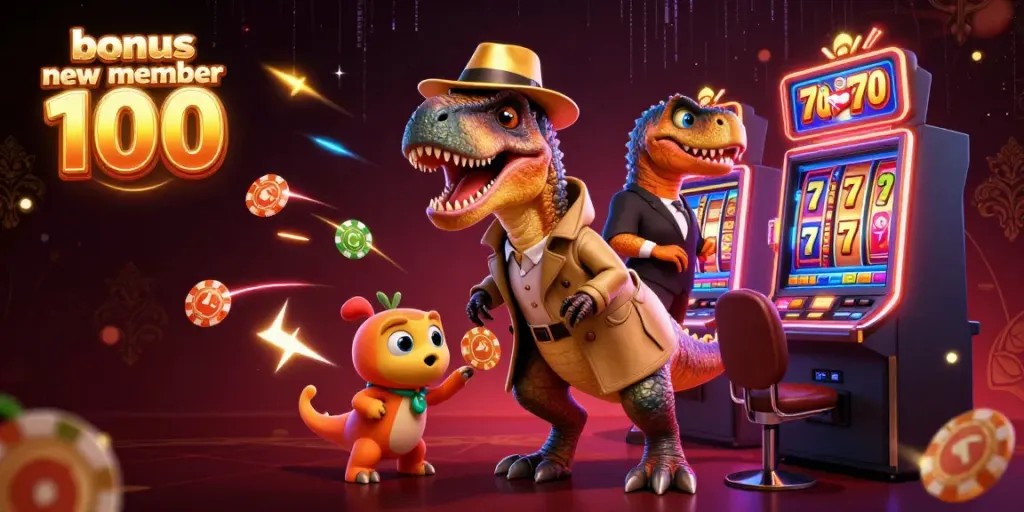 Engaging scene showcasing the bonus new member 100 promotion with a velociraptor at the slots.