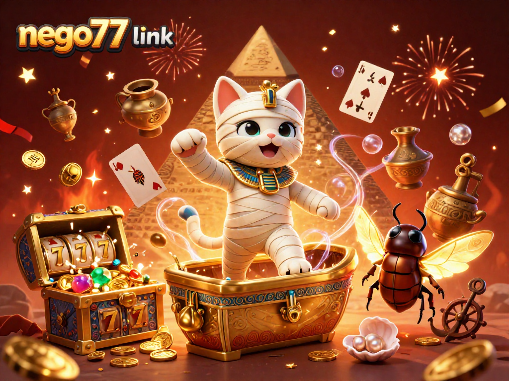 Unleash thrilling adventures with nego77 link showcasing a captivating Egyptian mummy cat in an exciting casino scene.