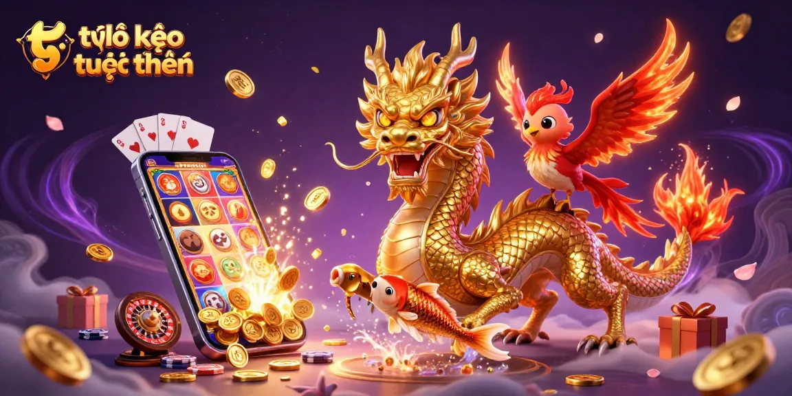Engage with tỷ lệ kèo trực tuyến in an exciting 3D digital illustration of dragon, phoenix, and koi, surrounded by casino elements.