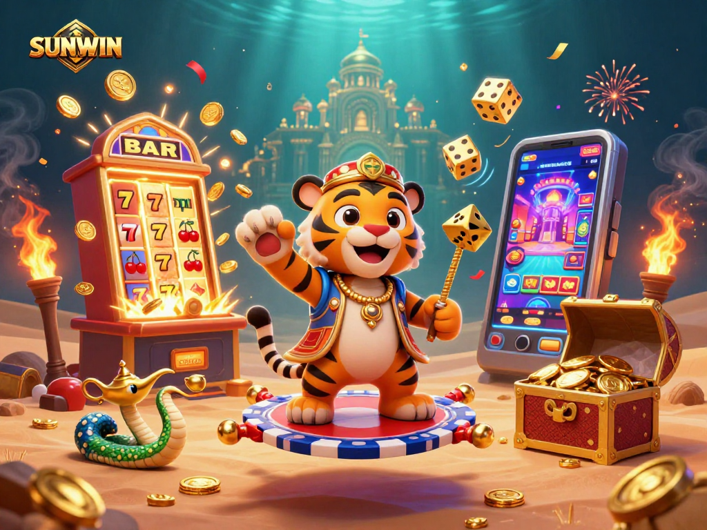 SUNWIN showcases vibrant jackpot excitement with a tiger sultan, bursting slot machine, and colorful symbols.