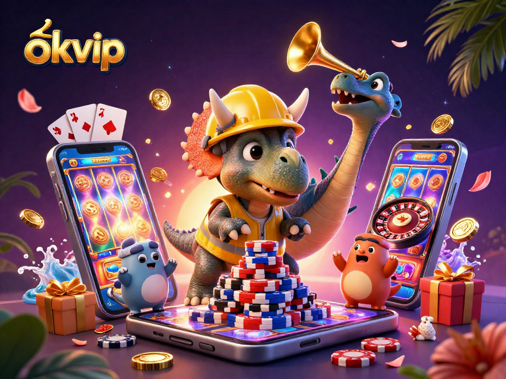 Celebrate poker strategies with okvip: vibrant scene featuring dinosaurs and casino elements.