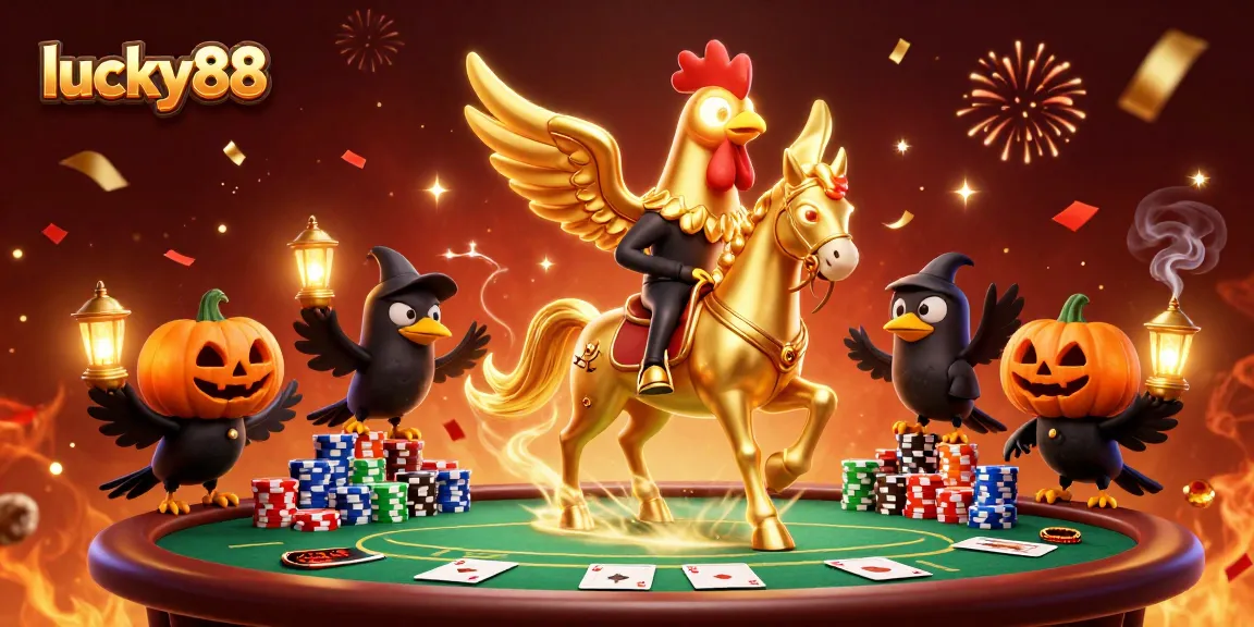 Experience thrilling poker games with lucky88 as a golden rooster leads the night in a dazzling casino.