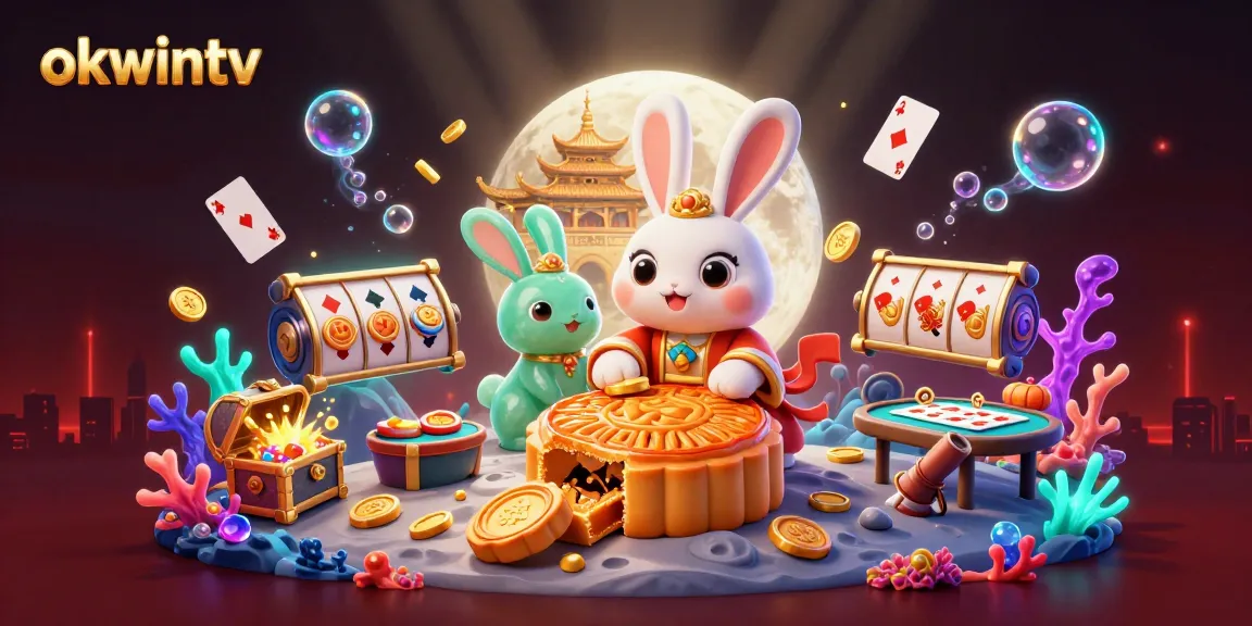 Experience gameplay excitement with okwintv as a magical moon rabbit reveals poker chips from mooncakes amidst an underwater treasure trove.