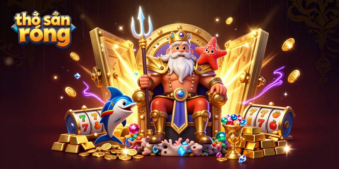 Experience thrilling wins with thợ săn rồng featuring Neptune and treasures in a vibrant casino scene.