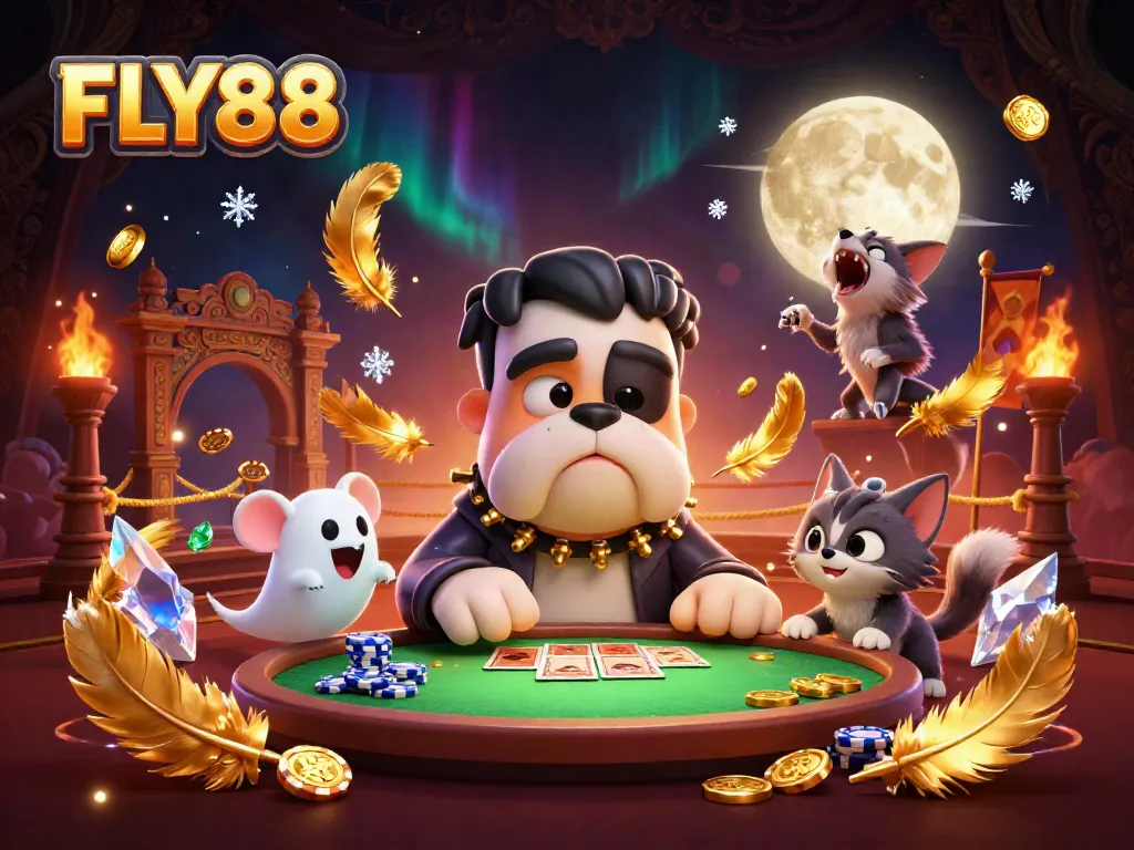 Experience thrilling gameplay with FLY88 as vibrant characters engage in card dealing under eerie lights.
