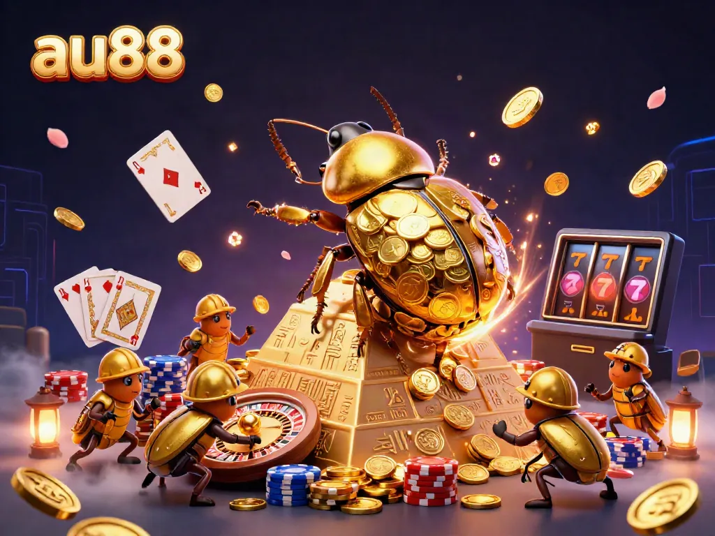 Experience the thrill of gaming at au88 with a golden beetle symbolizing wealth, amidst dynamic casino elements.