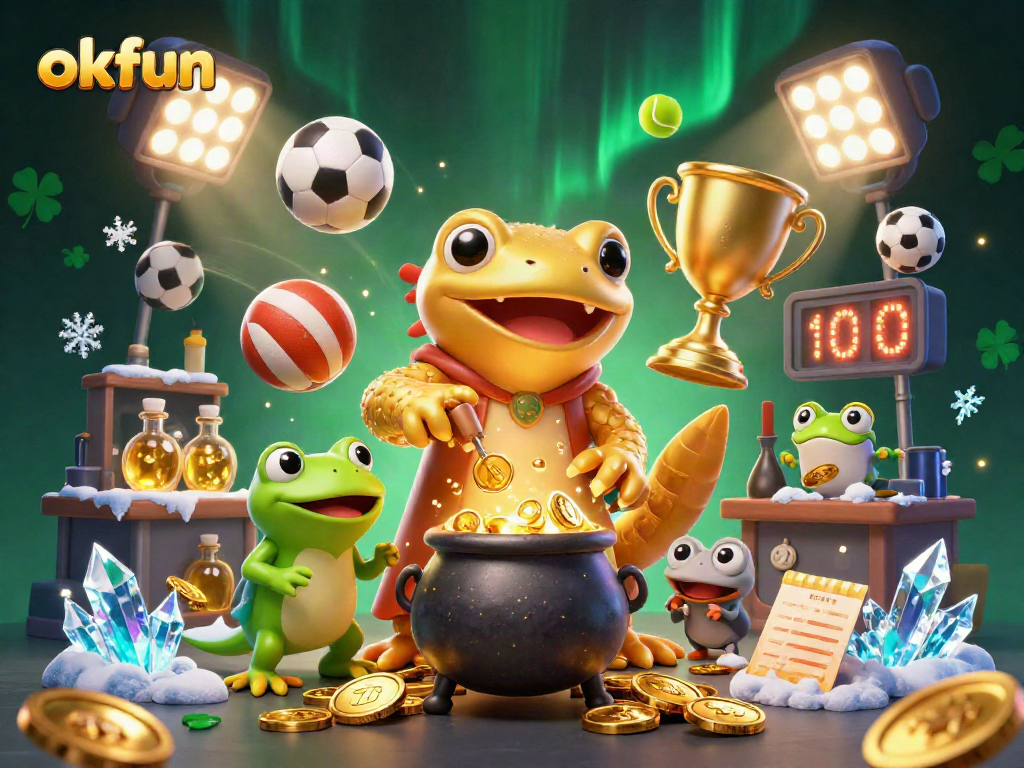 Engage with okfun in an enchanting casino scene featuring a golden salamander and dynamic sports elements.