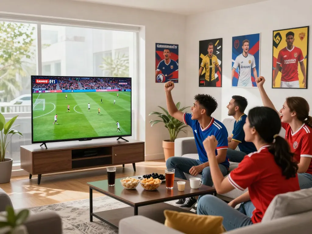 Football fans enjoying a match while watching Gavangtv in a lively living room.