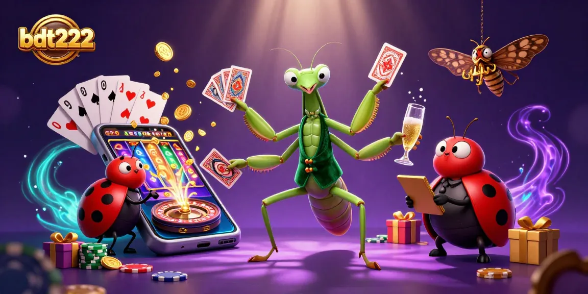 Engage with bdt222 gaming through an exciting casino scene featuring a card sharp and vibrant slot games.