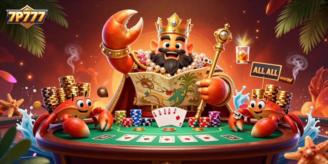 Experience the thrill of 7P777 with a golden crab emperor amid poker excitement and treasures.