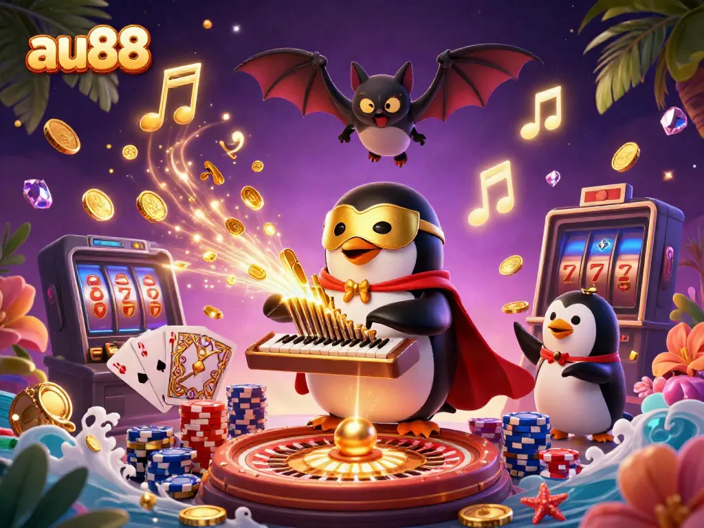 Experience the vibrant action at au88 with a penguin organist amidst casino riches in 3D.