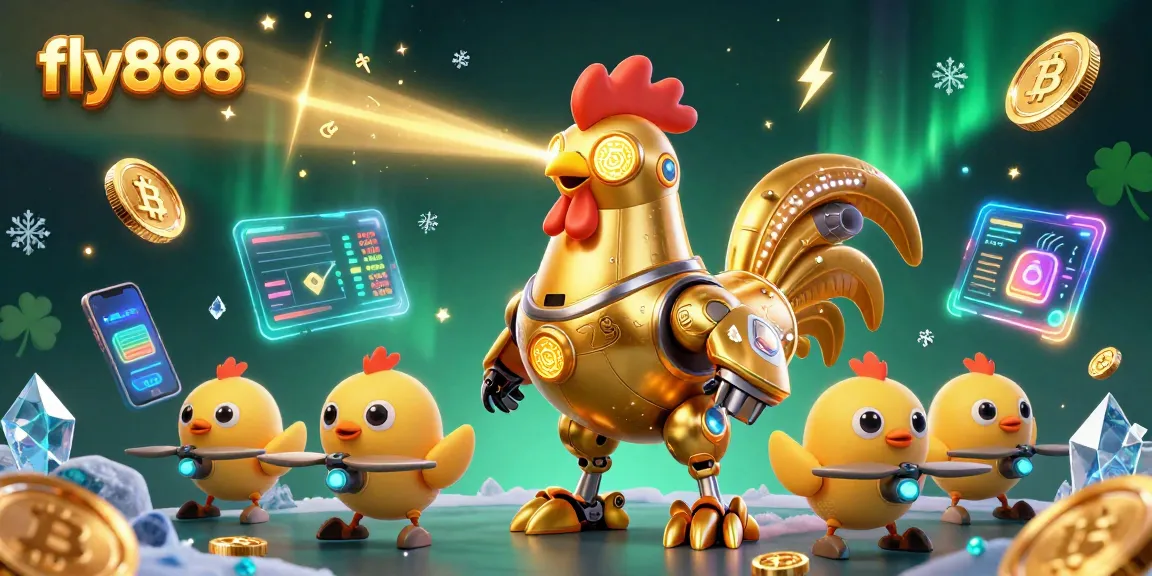 Fly888 platform showcases a vibrant casino scene with a futuristic golden rooster robot amid neon crypto elements.