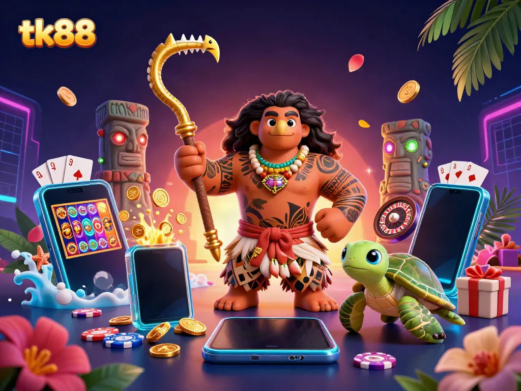 Engage with tk88 in a vibrant 3D illustration showcasing exciting slot game experiences.