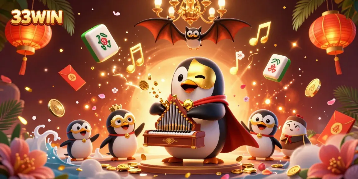 Engage with 33WIN's vibrant casino-themed illustration featuring a phantom penguin and bat acrobat.