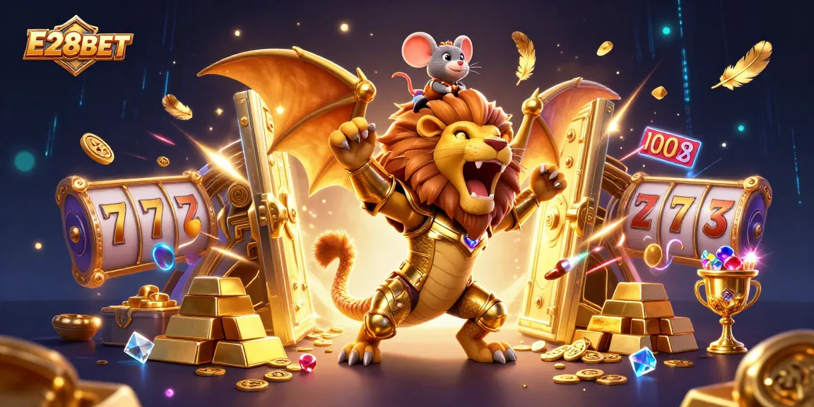 E28BET showcases a triumphant chimera in a vibrant casino setting with jewels and slot elements.