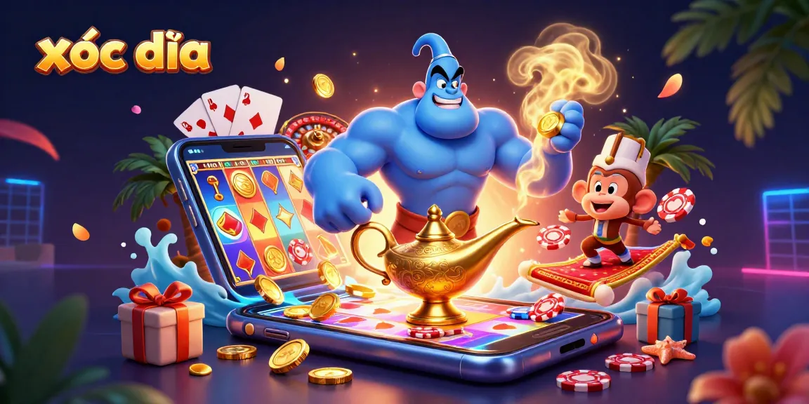 xóc đĩa illuminated by a bursting blue genie and rich casino elements, designed for top-tier players
