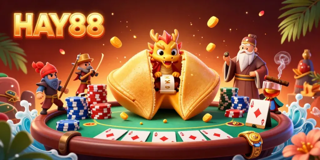 Engage in thrilling gameplay at HAY88 with a vibrant 3D casino illustration showcasing dynamic characters and poker elements.