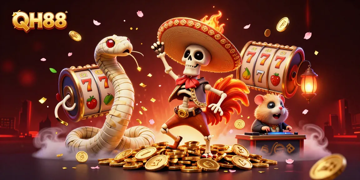 Celebrate with QH88 at a vibrant casino scene featuring a triumphant skeleton rooster and a mummy, surrounded by golden treasures and slot reels