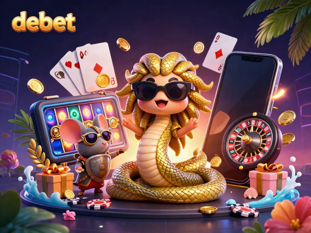 Experience the excitement of debet with a vibrant 3D casino scene featuring lively characters and dynamic gaming elements.