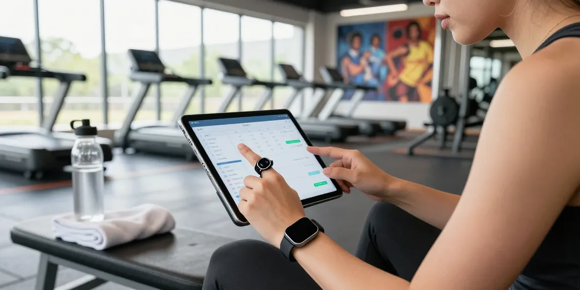 Tech user analyzing fitness data with a smart ring in a bright gym setting.